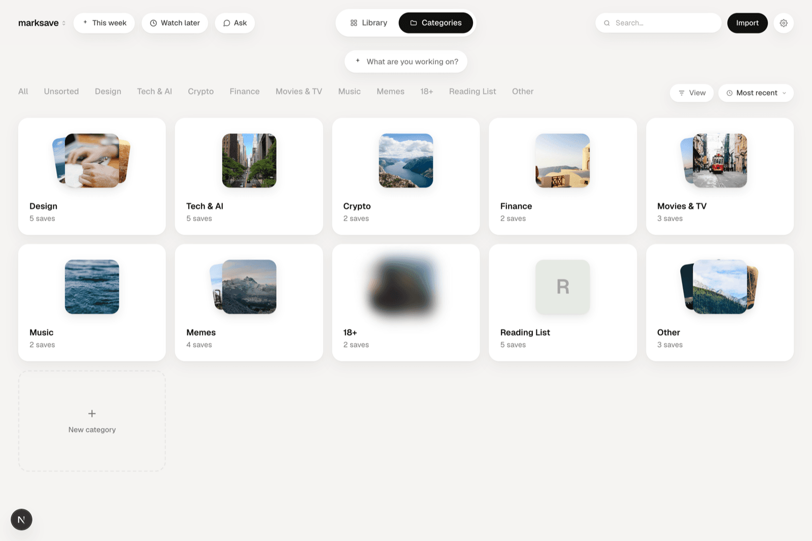 The category deck, saves filed into categories